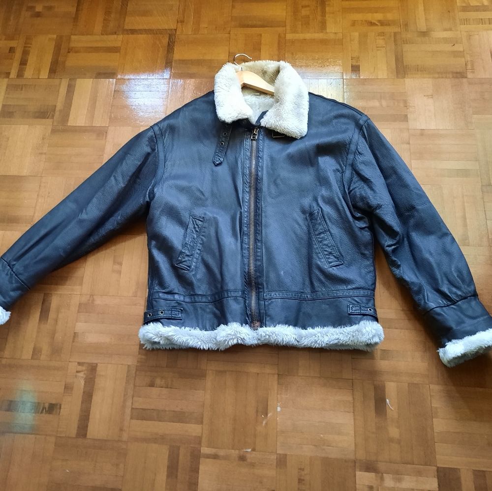 Dark brown Leather Shearling Collar Jacket - Unbranded